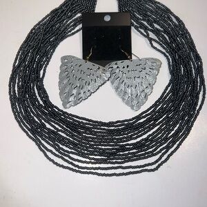 Multilayered Black Beaded Necklace and Butterfly Wing Earrings Set